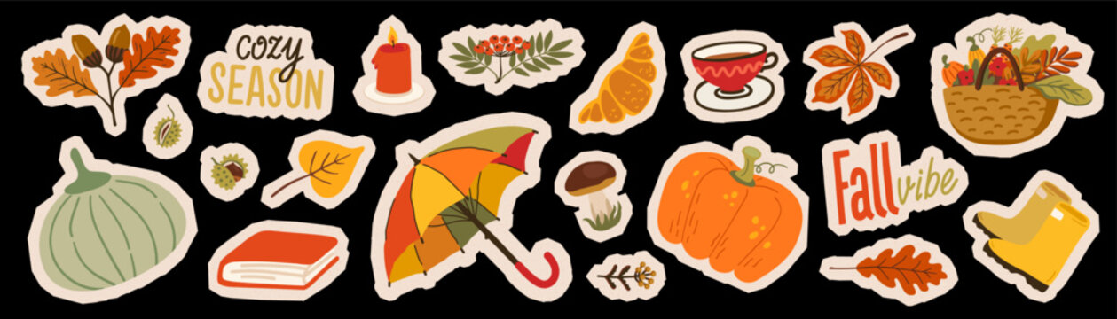 Autumn sticker set with cozy season and fall vibe lettering surrounded by candle and croissant icons. Papercut pumpkin sits on black background. Mushroom, boots and harvest basket complete cozy set