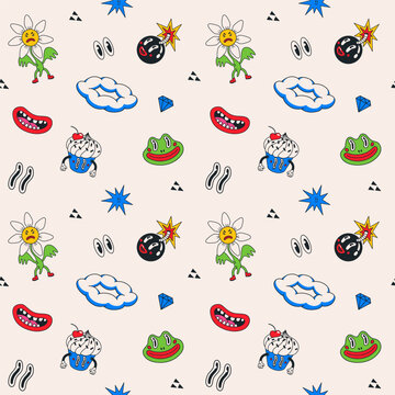Seamless comic pattern with groovy cartoon characters, funky faces and abstract doodles on beige background. Comic pattern character icons. Great for fabric and wrapping paper. Drag to swatches panel