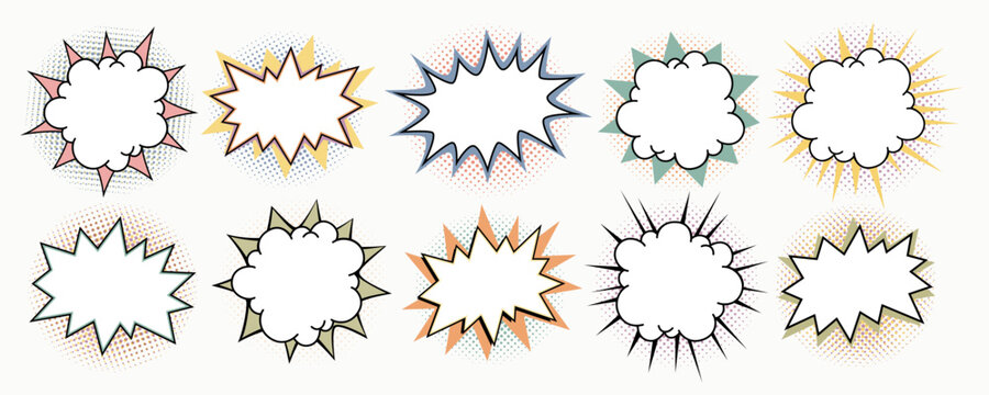 Comic starburst frames, speech bubbles stickers with cloud shape. Outline speech bubble suitable for stickers, posters or comic layouts