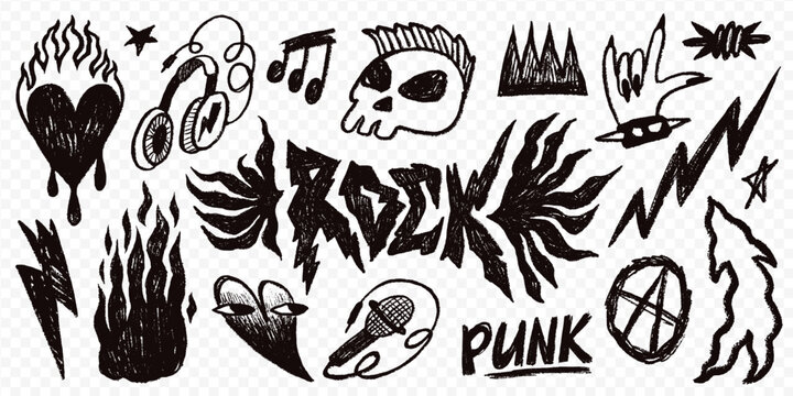 Punk rock tattoo doodle set with graffiti music symbols, skull, fire and lightning in black hand drawn style on a transparent background like PNG