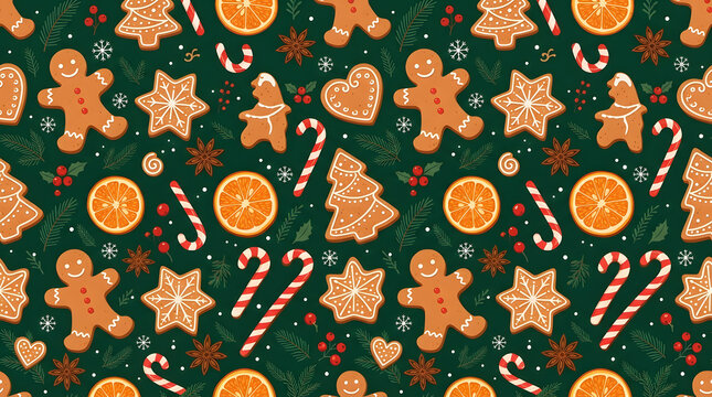 Christmas gingerbread cookies and orange slices seamless pattern