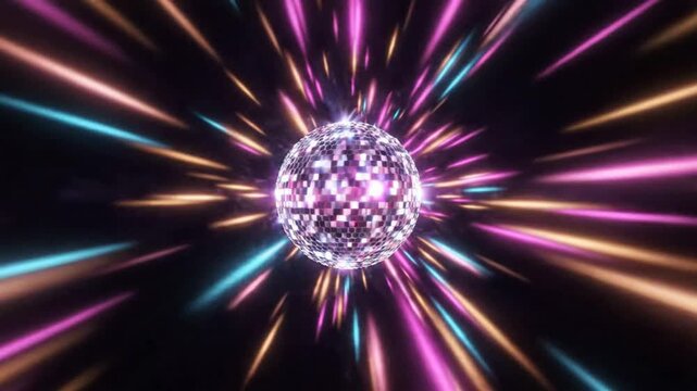Disco ball tunnel effect with neon light streaks and glowing rays for party backgrounds mirror ball
