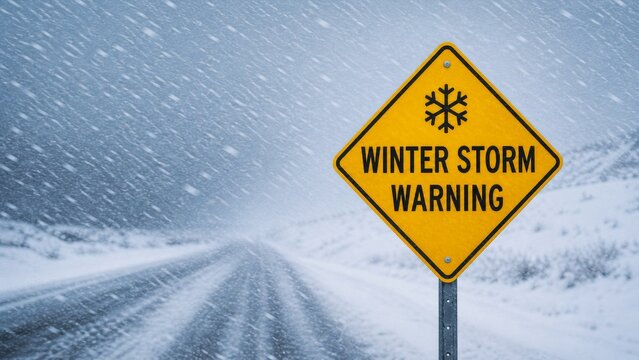 Winter storm warning sign on a snowy road during blowing snow