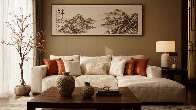 Modern zen living room interior with minimalist asian decor and warm ambient lighting for luxury home projects