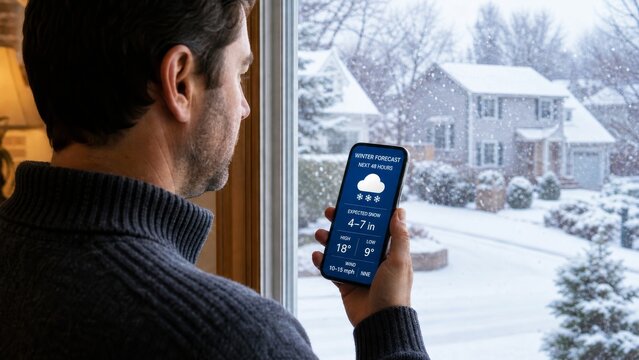Man checks a winter weather forecast on smartphone beside a snowy window