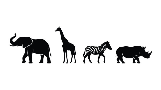 Silhouette of african wildlife including an elephant giraffe zebra and rhinoceros on white animals savannah