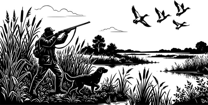 Wildlife Duck animals hunting hunt landscape panorama vector illustration - Black silhouette of hunter with rifle gun and dog in reed bog shoots at flying mallard duck