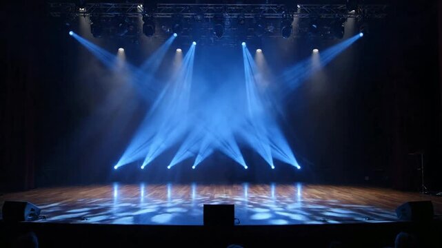 Empty stage with dynamic blue spotlight beams and haze for concert or theater performance background