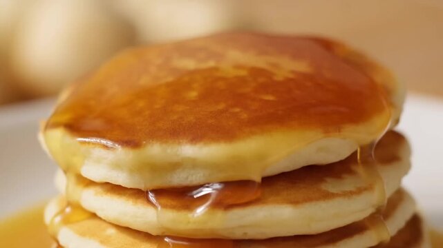 Slow motion close up of syrup pouring over stack of pancakes on plate on kitchen countertop during morning breakfast