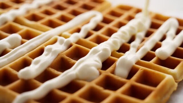Slow motion close up of cream being drizzled over waffle grid on kitchen countertop for breakfast scene