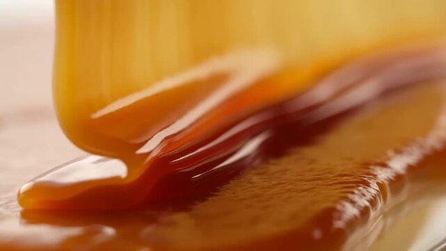 Slow motion close up of caramel sauce pouring and spreading across countertop surface in kitchen studio