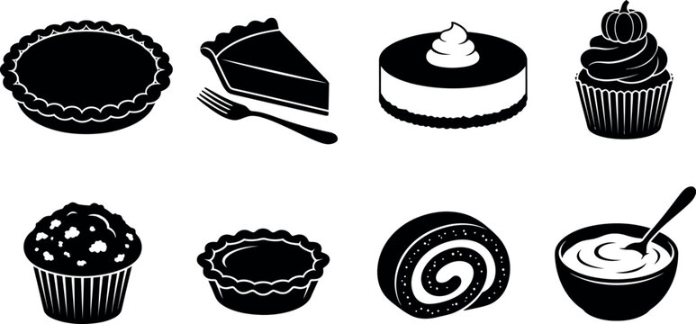 A comprehensive set of black and white vector icons featuring various classic baked desserts, pastries, and treats presented in a clean, minimalist graphic style.