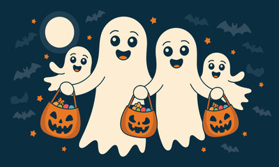 Obraz premium Cute cartoon ghosts trick or treating with pumpkin candy baskets on Halloween night illustration