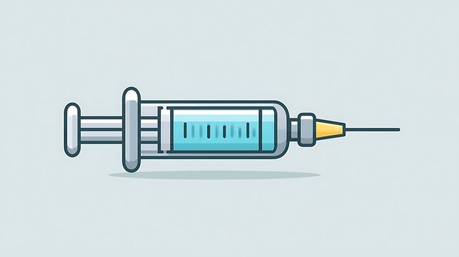 A flat vector illustration of a medical syringe with blue liquid. Useful for healthcare, vaccination campaigns, and pharmaceutical design concepts.