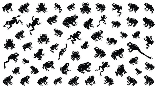 Black frog silhouettes arranged across a white background