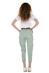 Fototapeta premium Woman wearing pants and t-shirt on white studio background