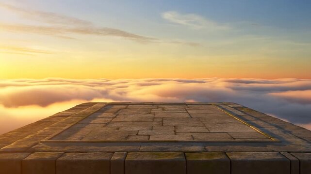 Static aerial view of stone platform on edge overlooking sea of clouds with golden sunrise light at high altitude
