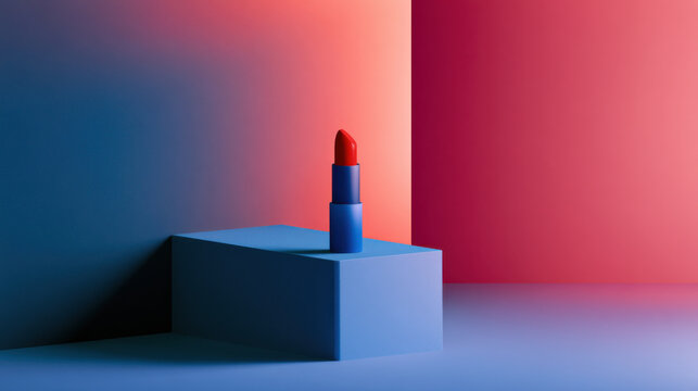 A bright red lipstick is positioned upright on a blue pedestal. The background shows a smooth gradient of colorful shades. The scene is bright and modern, set in a studio