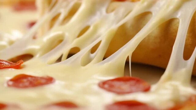 Slow motion pan zoom tracking closeup of pepperoni pizza slice being pulled with finger revealing gooey melted mozzarella cheese on table in studio kitchen