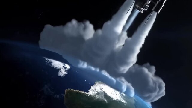 Tracking shot of rocket ascending from earth into space with exhaust plume and cloud trail