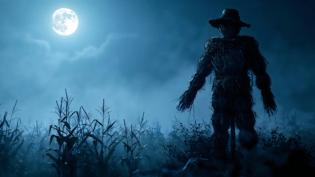 Scary scarecrow standing in a dark cornfield under a full moon at night for Halloween horror.