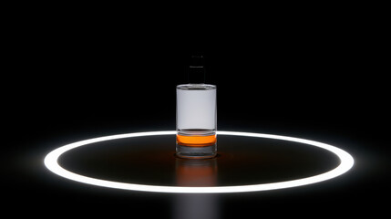 Obraz premium A clear glass contains two layers of liquid, one clear and the other orange. The glass is placed in a bright circular light on a dark surface. The scene shows contrast and focus on the glass