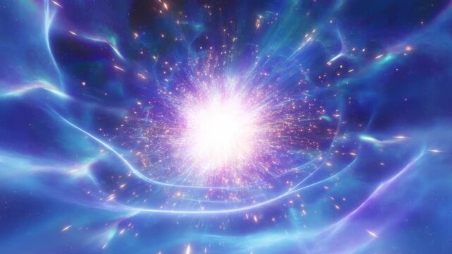Slow motion zoom into glowing energy burst and swirling nebula core with radiating sparks in deep space void