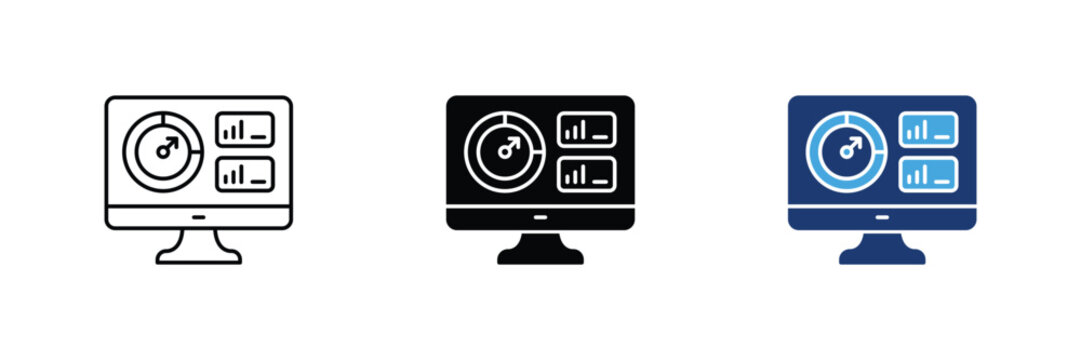 Computer monitor with analytics dashboard vector icon set