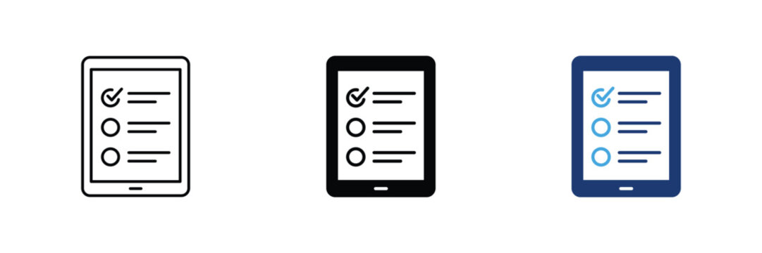 Tablet screen with quiz checklist and checkmark vector icon set