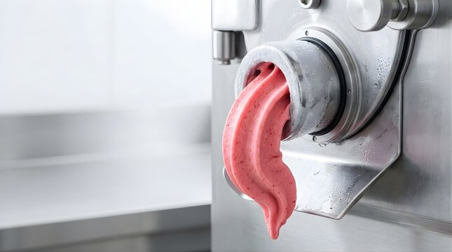 Fresh strawberry gelato dispensing from a professional metal ice cream machine