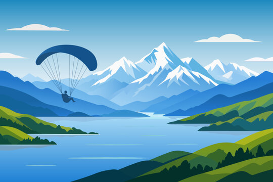Mountain lake landscape with paragliding vector illustration