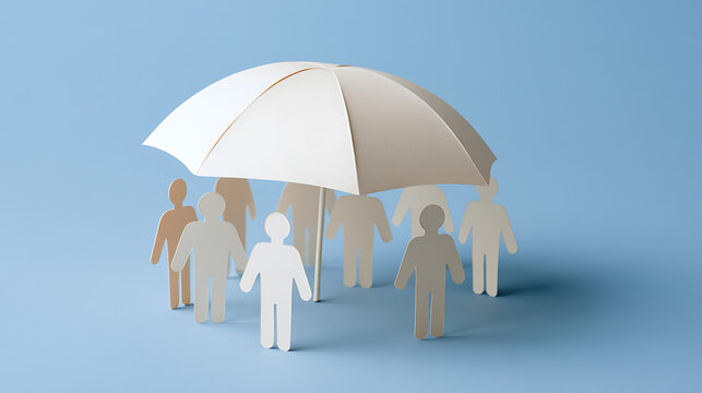 Paper cutout figures under a white protective umbrella on a blue background symbolizing community safety, insurance, and social security
