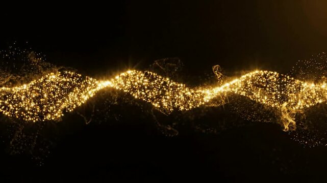 Golden glitter particles flowing in abstract wave motion on black background
