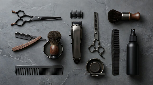 Vintage barber tools arranged on a flat surface.