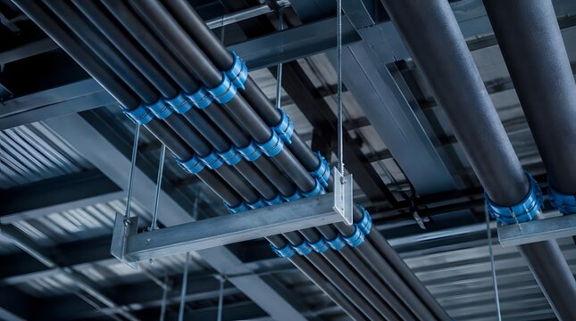 Industrial ceiling pipes with blue cable management clips