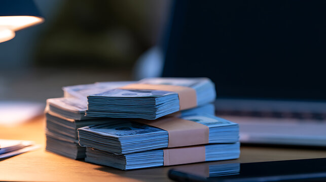 Stacks of cash banknote bundles sit on a wooden office desk next to a laptop computer in dim light creating a business finance mood