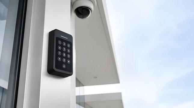 Electronic keypad access control system mounted on a modern building wall