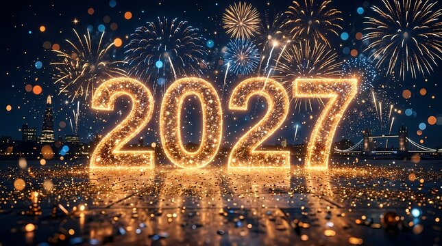 2027 New Year celebration, golden firework text, city skyline bokeh, sparkling lights, party firework