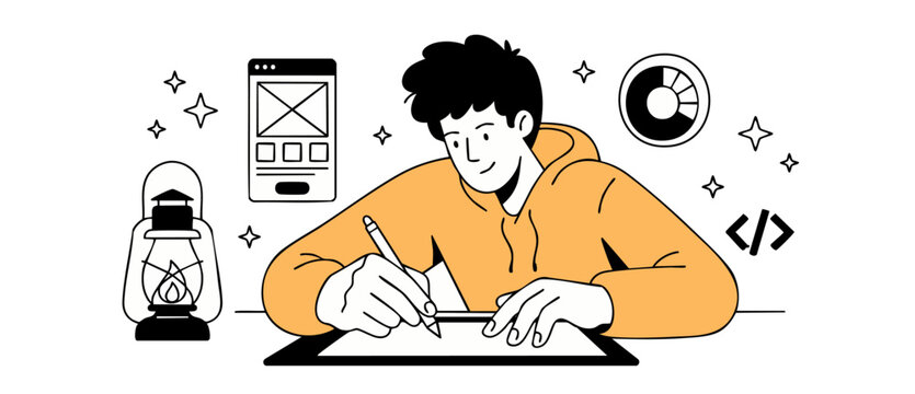 Web developer designer creating website layout, young man sketching UI UX design with vintage lantern, coding and analytics icons, modern line art vector illustration for programming workflow.