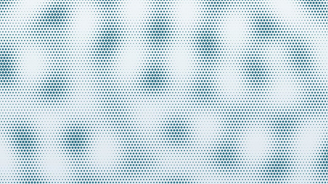 Abstract wave halftone background with three-source interference bloom and graduated deep ocean blue dots on light minimal backdrop