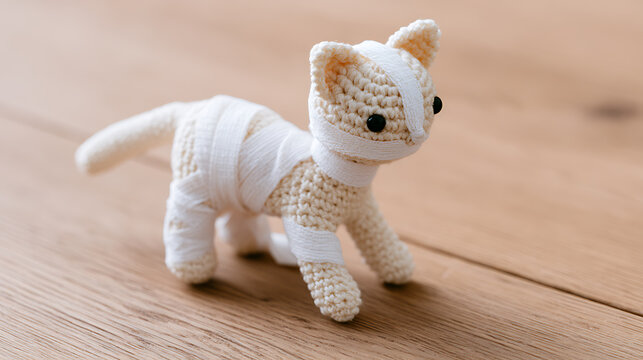 A cute handmade crochet cat toy wrapped in white bandages to symbolize injury or healing process set on a simple wooden surface background