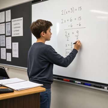 male student writing math algebraic equation solution