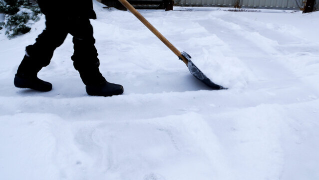 A person removes snow from the yard with a large wide shovel. Snow removal after heavy snowfall. Snowy winter with blizzards and snowdrifts.