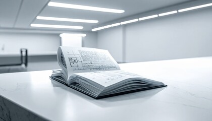Obraz premium Open Scientific Journal with Technical Diagrams and Text Pages on a Table