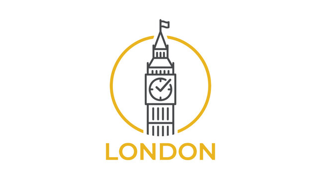 Minimalist line art logo featuring big ben clock tower design with bold yellow circular accent