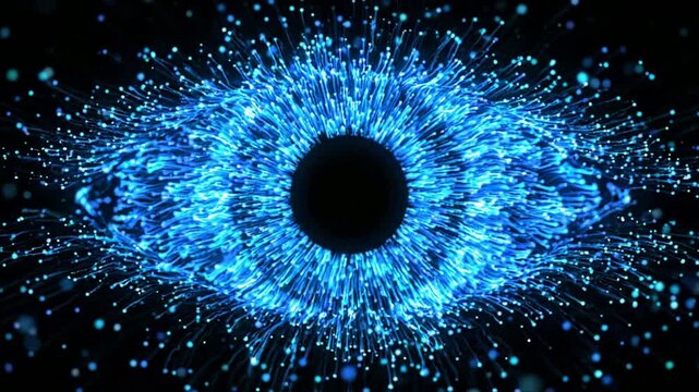 Abstract digital eye animation: glowing blue fiber optic neural network and artificial intelligence concept