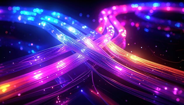 Intertwined Glowing Fiber Optic Cables with Vibrant Blue, Purple, and Orange Lights
