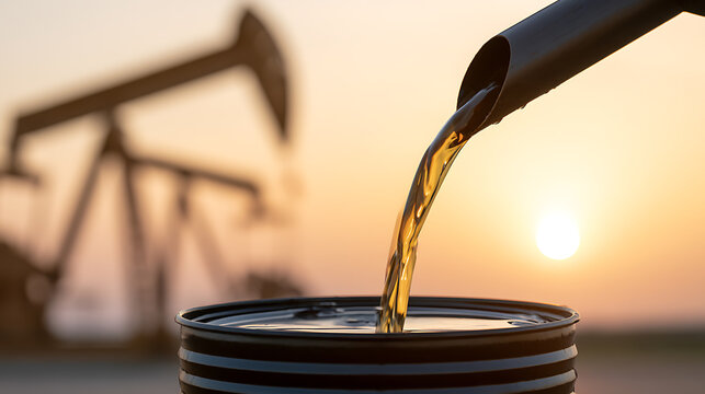 Crude oil pour into a barrel with a pumpjack silhouette at sunset representing energy industry, fossil fuel supply, and global trade