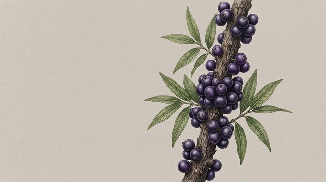Detailed Botanical Illustration of Jabuticaba Berries Growing on Tree Trunk for Exotic Fruit Marketing