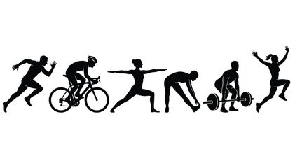 Fototapeta premium Silhouettes of athletes exercising in a horizontal line depicting various physical activities and sports training movements isolated on a white background for design.